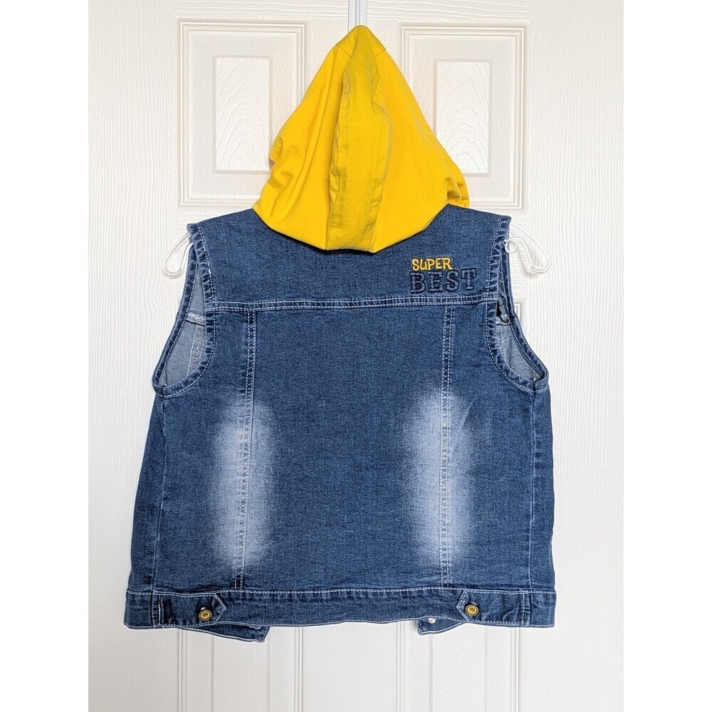 NWT Kids (Size 12Y) Distressed Denim Vest w/Yellow Jersey Hood & Patch Details - Picture 5 of 10